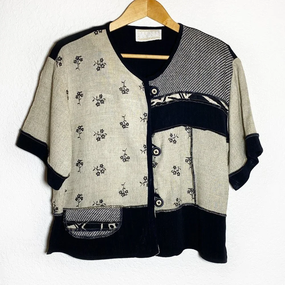 VINTAGE Spencer Alexis Patchwork Art Top Embroidered Shoulder Pads Size 12 - Picture 1 of 5